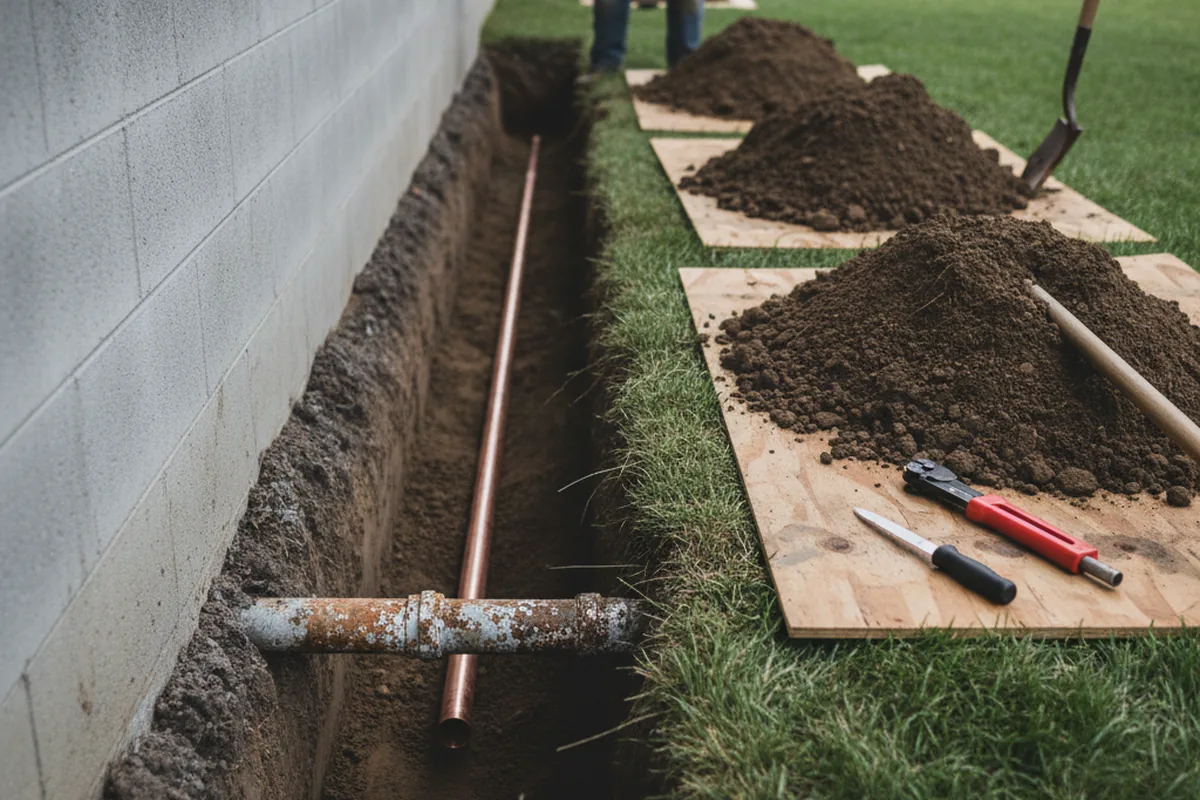 Excavated water line trench during Water Softener Installation in Orangeburg